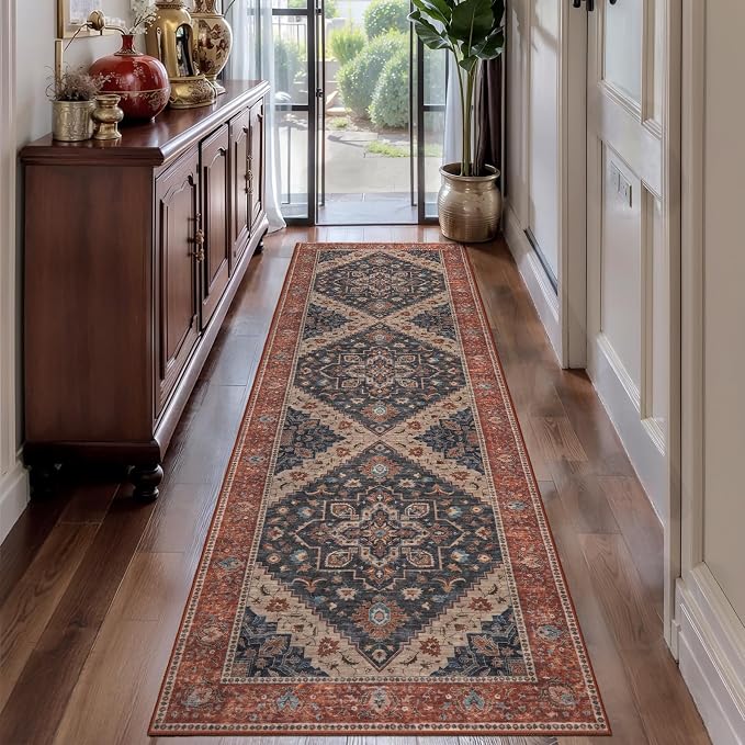 Tangsoo 2.6x8 Washable Runner Rug for Hallways, Non Slip Vintage Runners | Oriental Soft Low Pile Long Runner, Boho Carpet Hallway Runners for Kitchen Bedroom Entryway Bathroom Living Room Rust/Blue