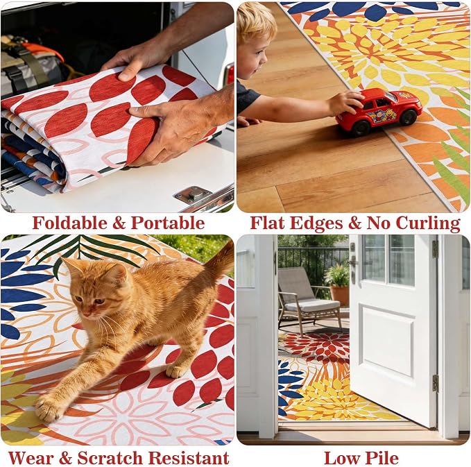 Yinhua Dahlia Floral Outdoor Rug 5x7 Colorful Indoor Outdoor Rugs Washable Patio Rug Non Slip Large Flower Area Rug Low Pile Outdoor Carpet for Patio, Deck, Porch, Balcony, Camping, Red and Blue