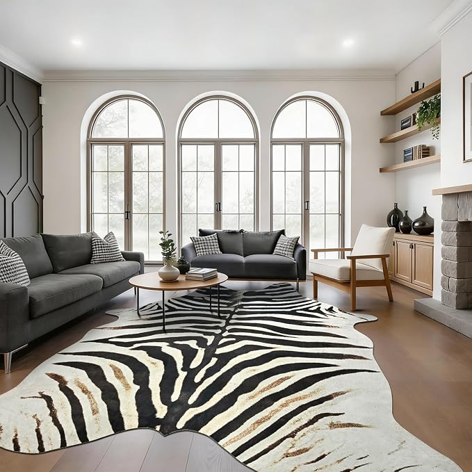 BENRON Zebra Rug, Animal Print Rug for Living Room Bedroom 6.2x7ft | Western Faux Zebra Print Rug, Animal Skin Carpets, Non-Slip Throw Rug for Home Decor, Black and Brown, Ivory