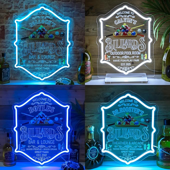 Custom Billiard Bar Neon Sign, Personalized LED Billiards Name Neon Lights for Wall Decor, Customized Cocktail Bar Light Up Signs Dimmable for Game Room Pool Room Home Pub Man Cave Lounge Business