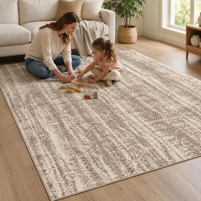 9CH Neutral Boho Area Rug 5x7, Washable Non Slip Distressed Geometric Rugs for Living Room Bedroom, Soft Low Pile Tribal Vintage Carpet