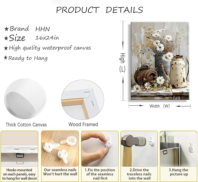 Farmhouse Rustic Flower Bathroom Canvas Wall Art White Jasmine and Rust Color Watering Can Wall Decor Picture Vintage Daisy Floral Posters Print for Bathroom Toilet Washroom Lavatory Home Decoration
