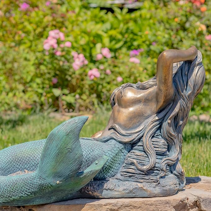 Magnesium-Based Cement Mermaid Statues for Both Indoor and Outdoor Use (Reclining on Rock Mermaid Camree)