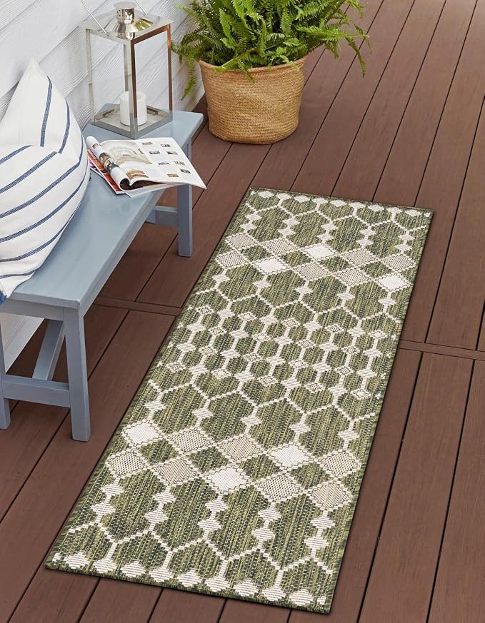 Unique Loom Outdoor Trellis Collection Area Rug - Traliccio (2' 11" x 10' Runner, Green/ Ivory)