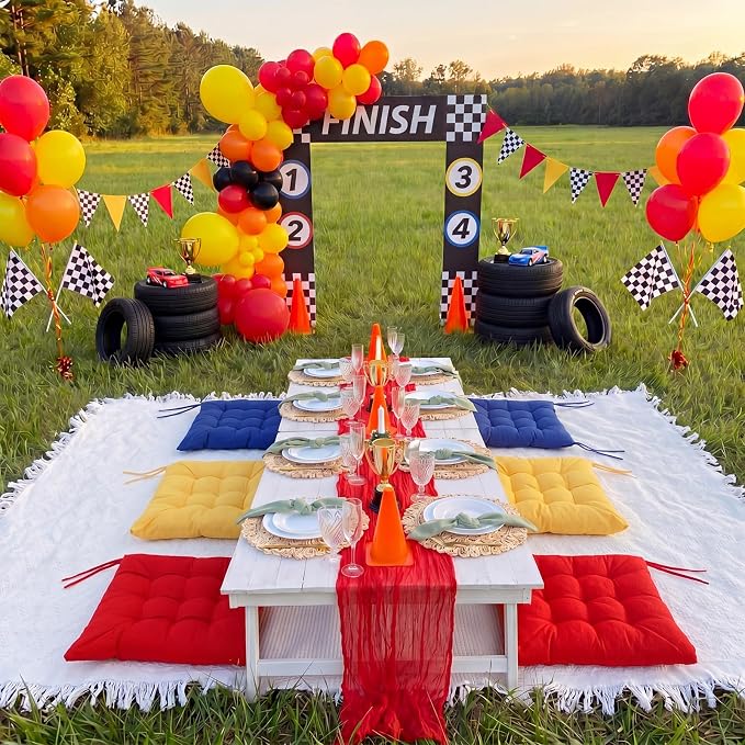 Extra Large Outdoor Picnic Blanket with Table Runner and Floor Pillow Cushion for Picnic Wedding Birthday Baby Shower Backyard Decor(91 x 71'',Deep Blue,Red,Lemon Yellow,8 Pcs)