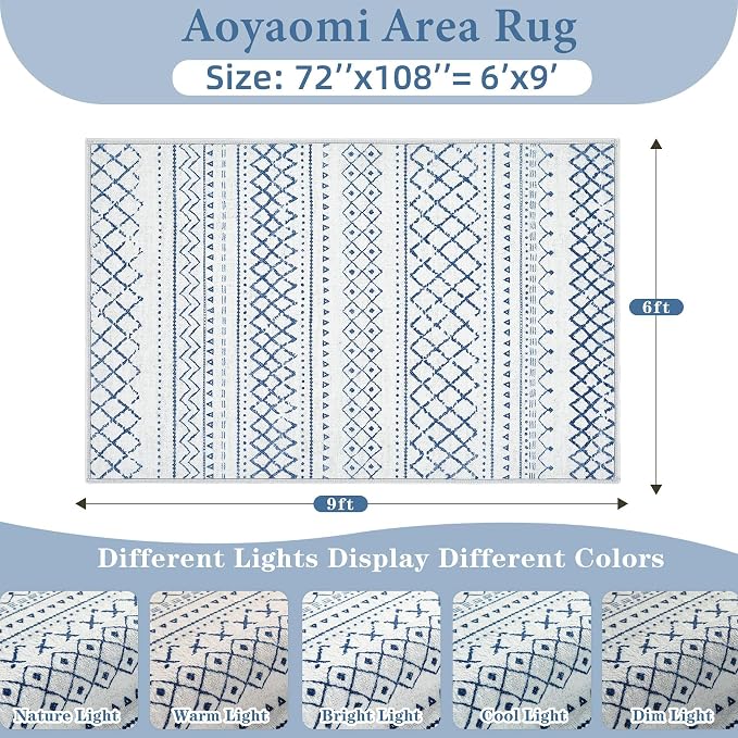 Area Rug for Living Room 6x9: Large Washable Boho Moroccan Rugs Geometric Neutral Rug, Non-Slip Foldable Morden Farmhouse Indoor Floor Carpet for Bedroom Dining Table Home(Blue,6'X9')