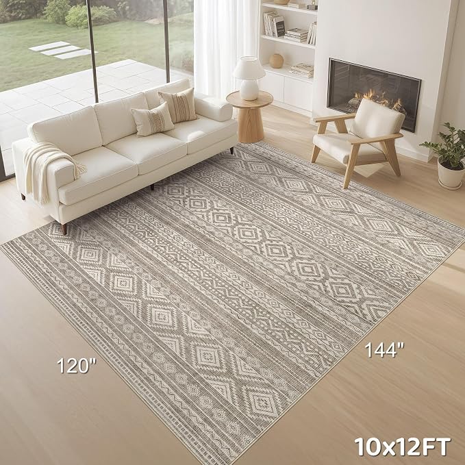 cotiled Boho 10x12 Area Rug for Living Room: Large Moroccan Washable Rug | Solve Modern Neutral Trendy Home Decor - Stain Resistan Carpet for Bedroom Farmhouse Coffee Brown