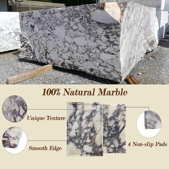 YMXYJM 100% Real Luxury Natural Marble Vanity Tray Genuine Calacatta Viola Marble Stone Storage Trays for Home Decor Bathroom Vanity Dresser Kitchen, Non-Resin/Non-Ceramic, 11.7" x 7.8"
