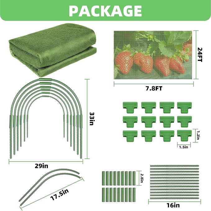 U0U Garden Mesh Netting Kit,7.8 x 24 Ft Plant Netting with Hoops,Bird Net for Garden with 6 Sets Garden Hoops & 18 Clips,Garden Net Bed Cover for Plants Birds Animals Protection