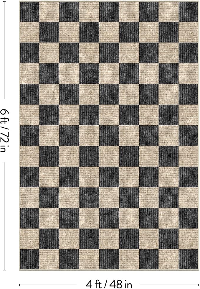 LIVEBOX 4x6 Washable Area Rug Checkered, Non-Slip Small Entryway Rug Black Farmhouse Neutral Classic Geometric Kids Boys Rug for Bedroom Living Room Low-Pile Carpet for Classroom Playroom(Black 4'x6')