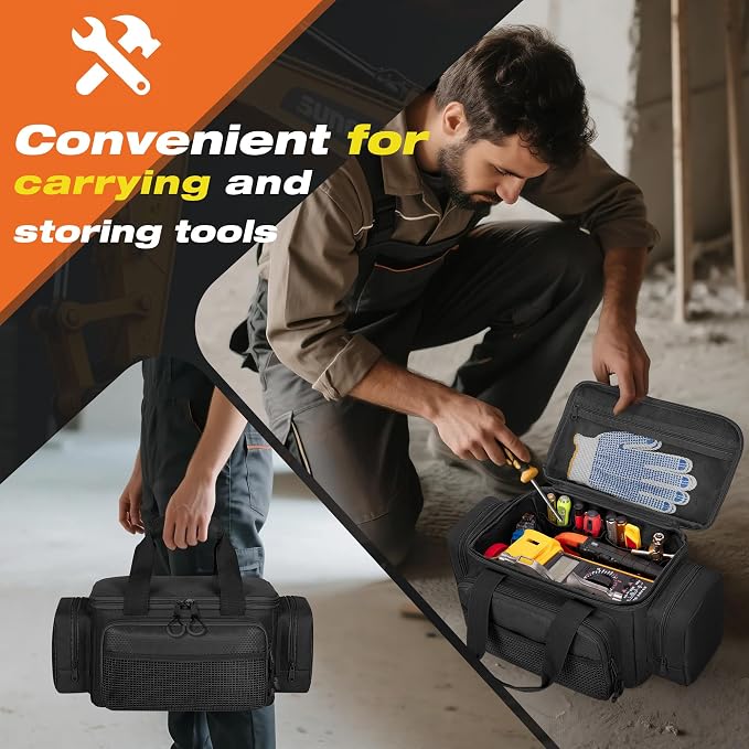 Small Tool Bag With Anti-Friction Bottom, 12-Inch Tool Organizer | Large Capacity, Top Full-Opening, Multiple Pockets, Padded Handles, Small Tool Box for Gardener, Technician, Electrician
