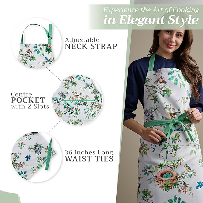 Maison d' Hermine Aprons for women with Pocket 100% Cotton (27.50"x31.50") | Adjustable Neck Strap & long ties Apron Men Chef Wedding Cooking Gardening Server Maid