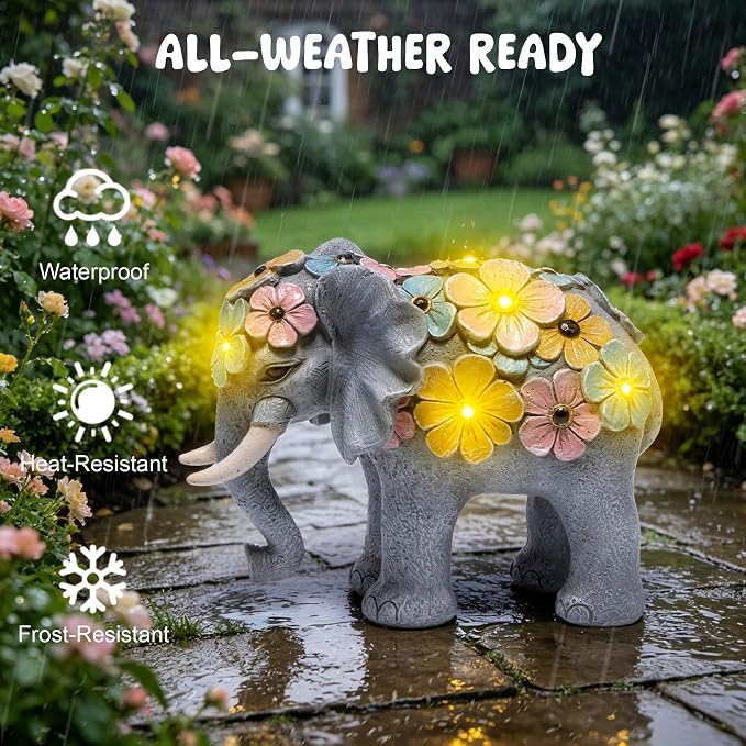 basen Solar Elephant Garden Statue Outdoor Resin Elephant Decor with Lighted Flower Accents, Solar Powered Animal Figurine for Patio Yard Lawn Porch Backyard Gifts for Women