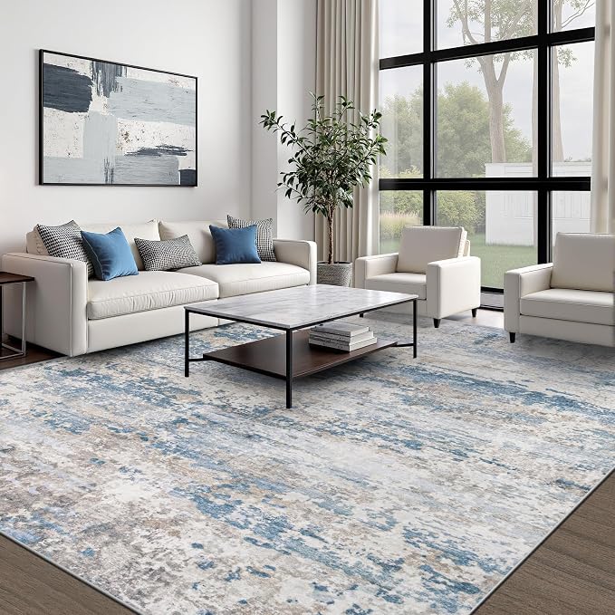 pmtsns Area Rugs 8x10 for Living Room: Washable Rug Modern Abstract Neutral Soft Non-Slip Low-Pile Indoor Large Carpet for Bedroom Dining Room Playroom Home Office (Light Blue Brown, 8'x10')