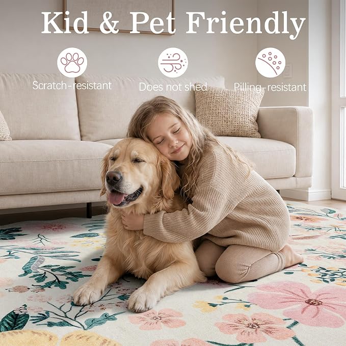 DCX Vintage Floral Washable Area Rug 4x6, Non Slip Low Pile Rug, Pink | Rugs for nursery bedroom, living room, bedroom, office, soft, kid & pet friendly, sain resistant indoor carpet, home decor