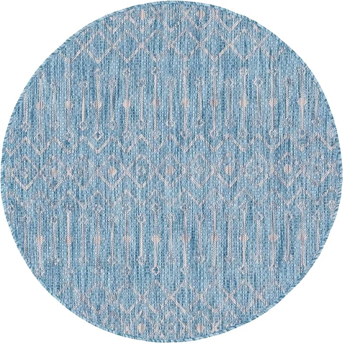 Unique Loom Outdoor Trellis Collection Area Rug - Tribal Trellis (4' 1" Round, Aqua/ Ivory)