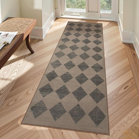 Lahome Zelie Checkered Washable 2x6 Brown Runners for Hallways Non Slip, Ultra-Thin Kitchen Bathroom Runner Rugs, Moroccan Trellis Throw Carpet Runner for Bedroom Entryway Decor (2'x6',Brown)