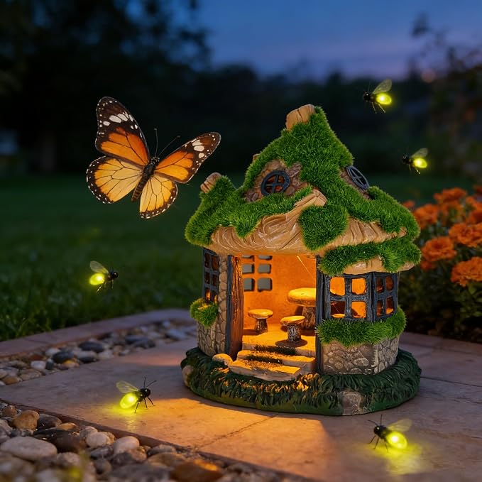 COWOS Fairy Garden House, Flocked Moss Miniature Cottage for Outdoor Yard Decor, Weather-Resistant Resin Forest House with Mushroom Furniture, Fairy Garden Accessories for Patio, Lawn, Home, and Gift