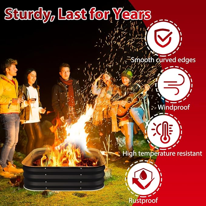 Height 11.5 Inch, Square Galvanized Steel Fire Pit for Outside, Heavy Duty Steel Fire Pit In-Ground for Backyard, Camping, Bonfire, Flower Raised Garden Bed for Garden (4X4X1 FT)