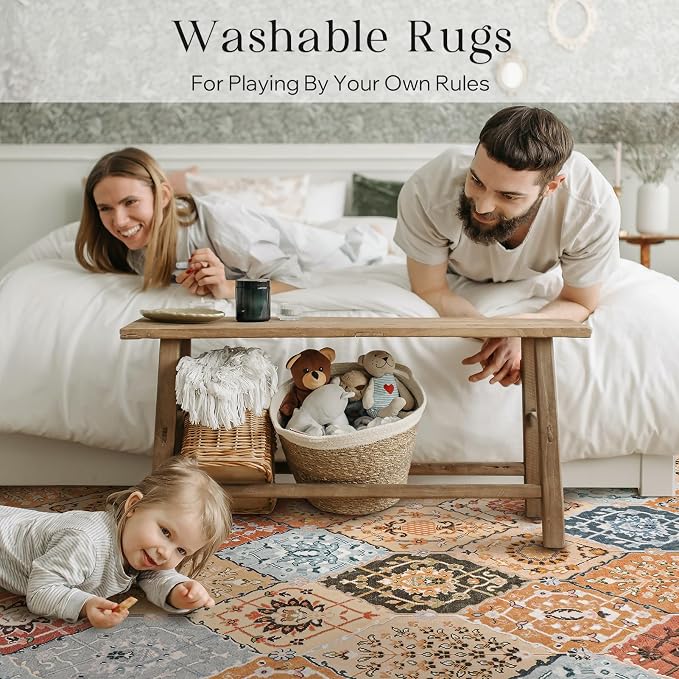 Phantoscope Washable Area Rug 5'x7' Non-Slip, Vintage Boho Rugs for Living Room, Bedroom, Dining Room, Distressed Moroccan Mosaic Diamond Pattern, Low-Pile Foldable Floor Carpet, Terracotta/Rust