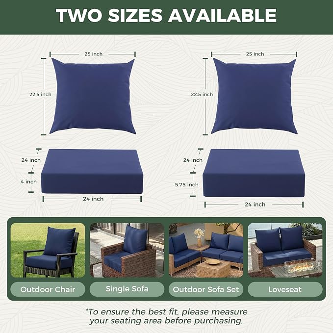 Outdoor Cushions for Patio Furniture, Outdoor Seat Cushion Set 24 x 24 x 5.75 in, Waterproof & Fade Resistant Outdoor Chair Cushions, Patio Cushion with Removable Cover, Set of 4, Navy Blue