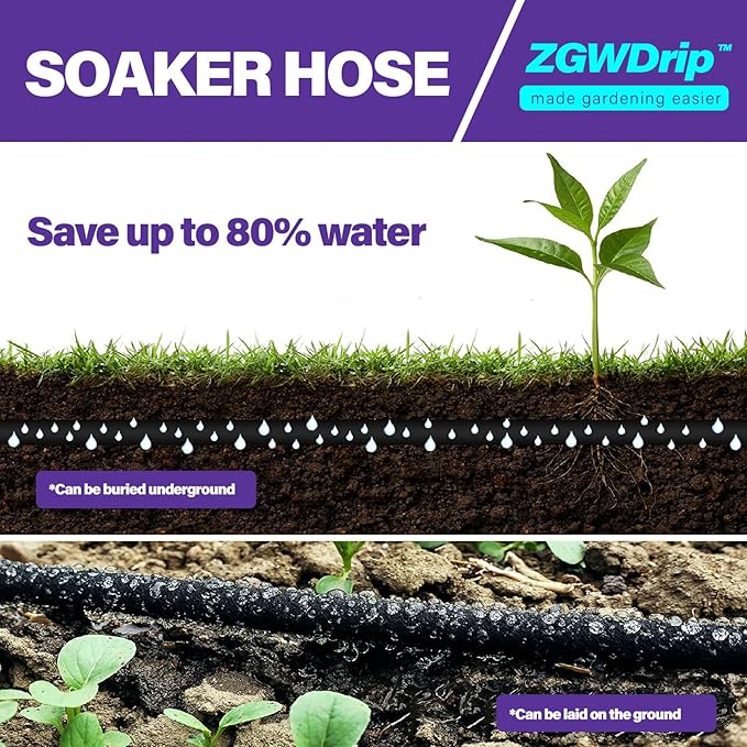 150FT 1/2" Water-Saving Soaker Hose with Solid Brass Connectors, Drip Irrigation Kit for Lawn & Landscaping with Metal Ground Stake & Accessory Kit