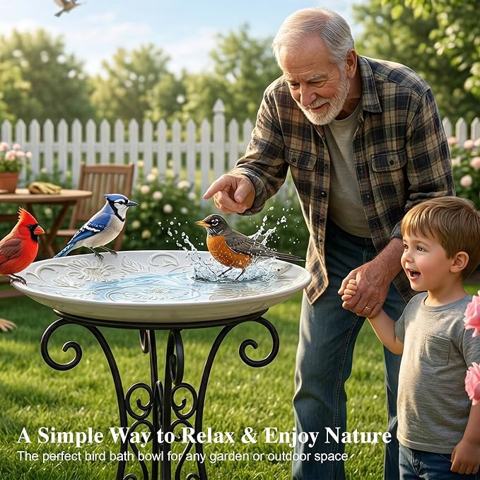 Topadorn Ceramic Bird Bath Bowl for Outdoors, 14.17" Decorative Bird Bath with Embossed Floral Design, Tabletop Birdbath for Garden, Patio, Deck & Balcony