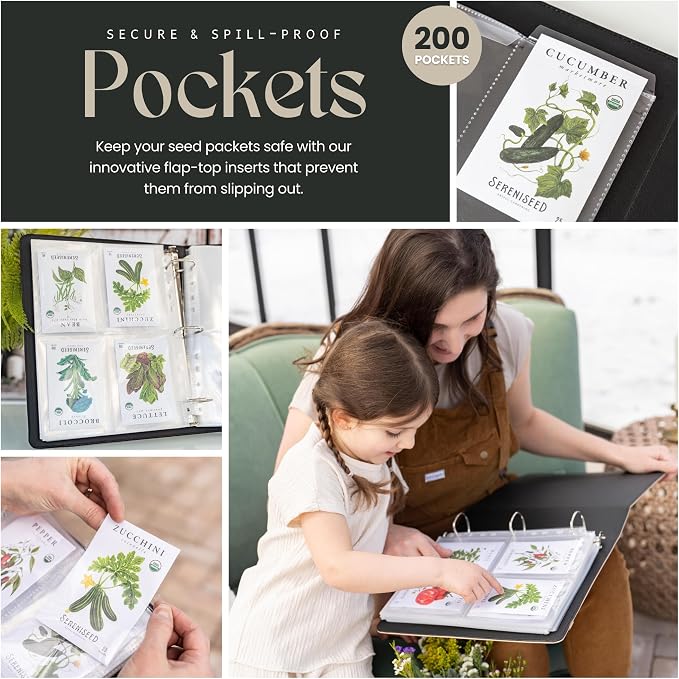 Seed Storage Binder – Garden Seed Organizer with 50 Sheet Protectors, 5 Dividers & Flap-Top Inserts - Stores 200 Seed Packets - Seed Saver Binder for Gardeners