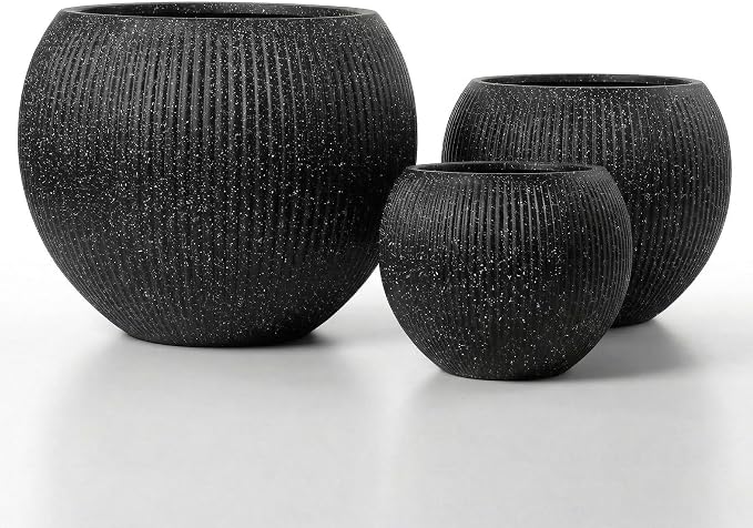DTY Premium Mt Sherman Fiberstone Sphere Planter for Indoor Outdoor Use, Round Pot for Olive Tree, Lightweight, Smooth Finishes. 2 Coco Mats. Ribbed Black, Small 12.6" D x 10'' H. 8.5” Pot Opening