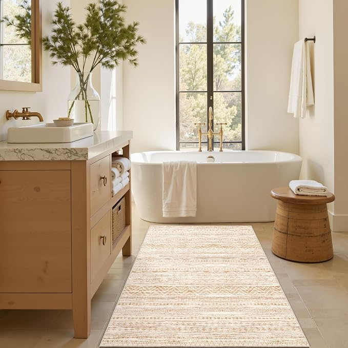 Miukiki 3x5 Washable Area Rug Moroccan Soft Non Slip Entryway Rug Beige | Machine Washable 3x5 Rug for Bedroom Kitchen Living Room, Low Pile Indoor Floor Carpet with Vintage Pattern