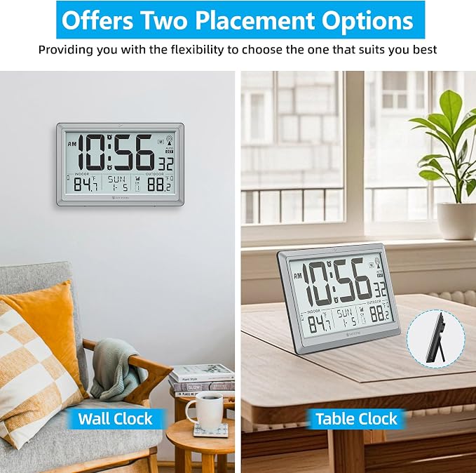 Atomic Clock Wall with Indoor/Outdoor Temp, Battery Operated Digital Wall Clock with 10.5" Large LCD Display, 330ft Range Desk Table Clock with Alarm, DST, Calendar for Living Room, Silver-gray