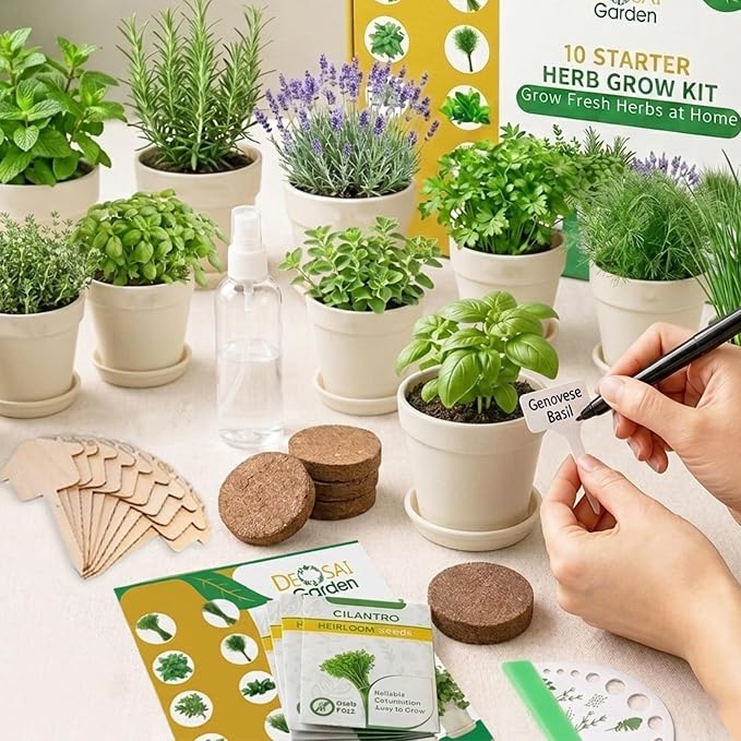 47 PCS Herb Garden Seeds Starter Kit, 10 Non-GMO Culinary Herb Seeds with Beige Pots & Planters for Windowsill, Herb Growing Kit Indoor & Outdoor, Unique Herb Garden Gift Set for Gardening Lovers