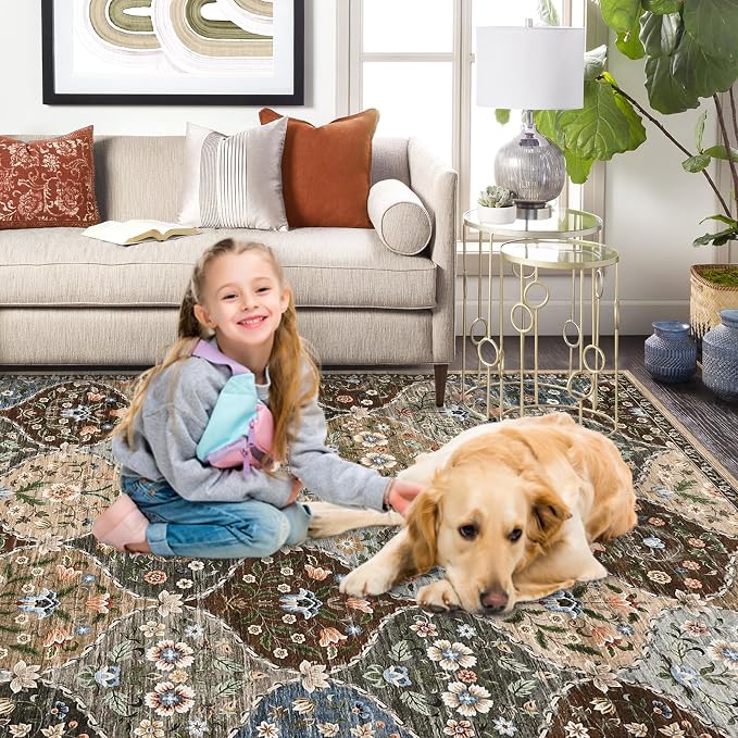 ROYHOME Runner Rug Trellis Floral Washable Hallway Runner Rug 2' x 6' | Stain Resistant Non-Slip Distressed Floral Runner Entrance Carpet for Bedroom Laundry Kitchen Entryway, Taupe/Brown