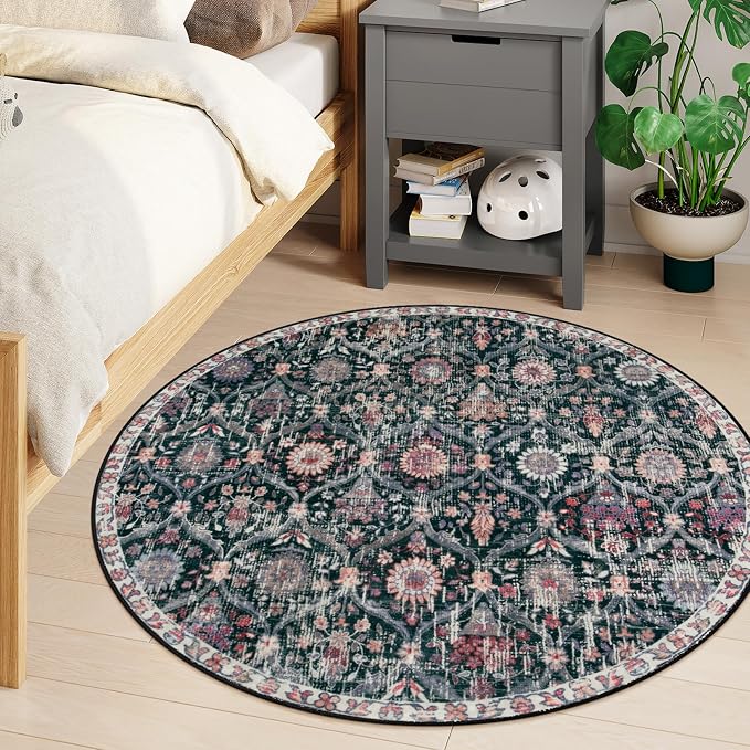 Lahome Moroccan Round Area Rugs, Washable Small Round Rug 3ft Non-Slip | Trellis Soft Vintage Ultra-Thin Circle Carpet for Bedroom Entryway Kitchen Laundry Bathroom Elise Black/Multi