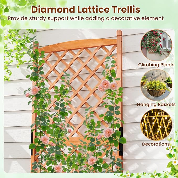 Giantex Raised Garden Bed with Trellis Set of 2, 60" Wooden Planter Container w/Drainage Holes, High Trellis for Plant Flower Climbing Pot Hanging, Indoor Outdoor Planter Box for Yard Garden Balcony