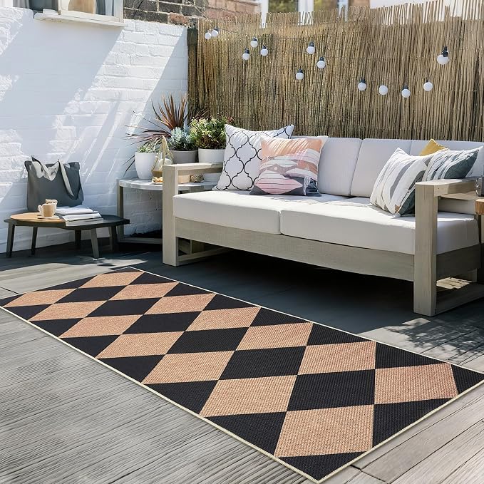 GarveeHome Easy Jute Rugs 2x8 Checkered Kitchen Runner Rugs Non Skid Washable Stain Resistant Indoor Outdoor Rugs for Living Room, Bedroom, Dining, Patio - Farmhouse Style Black Tan