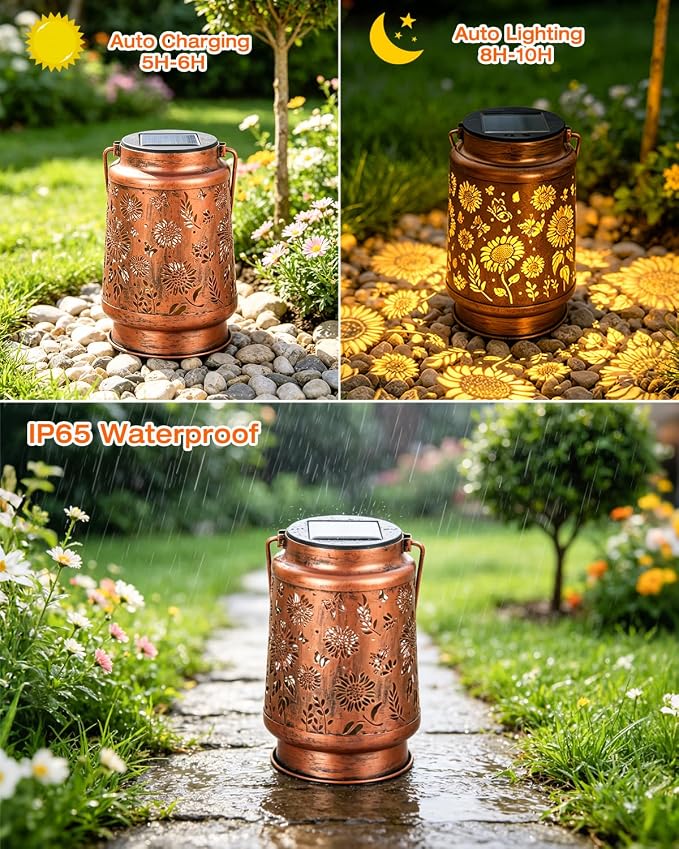 ANYTALK 2 Pack Sunflower Solar Lantern Lights, Outdoor Lanterns Garden Decor, Hanging Solar Lantern for Backyard Porch Patio Table Yard Balcony Lawn Pathway, Gifts for Women Grandma Mom