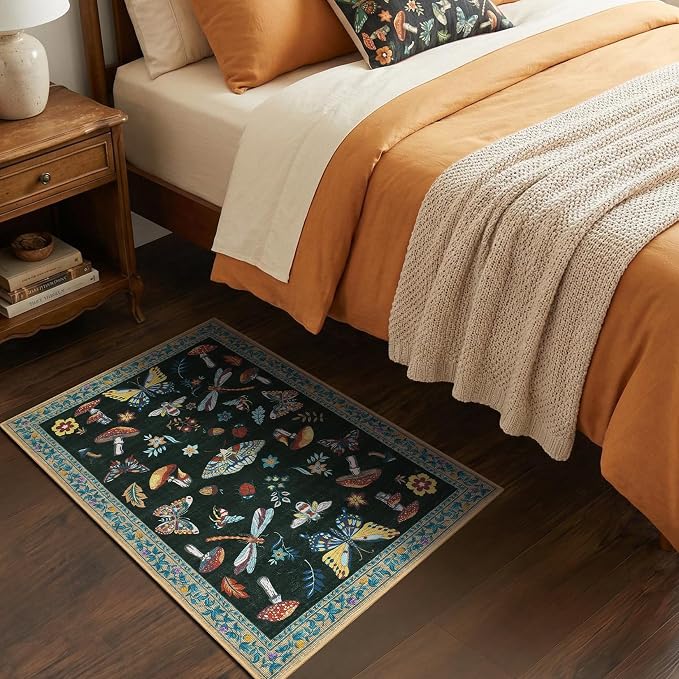 ROYHOME Mushroom Insect Washable 2x3 Rug for Entryway Door Mat Black | Kitchen Bathroom Bedroom Small Bug Moth Cute Funky Cottage Core Whimsical Boy Rugs Low-Pile Non-Slip TPE Backing