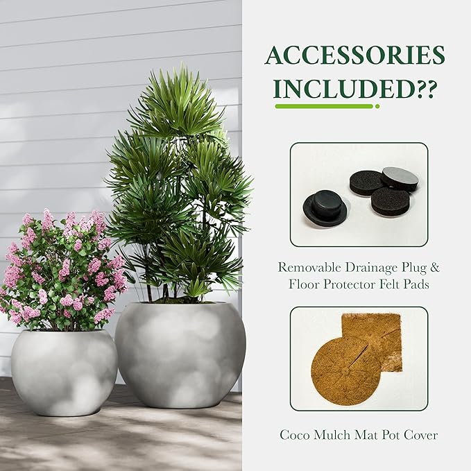 DTY Premium Mt Sherman Fiberstone Sphere Planter for Indoor Outdoor Use, Round Pot for Olive Tree, Lightweight, Smooth Finishes. 2 Extra Coco Mats. Gray, Medium 16.1'' D x 13.6'' H. 11.8” Pot Opening
