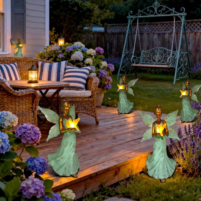 Solar Fairy Garden Statue Decor - 10 Inch Angel Girls Resin Figurine Waterproof Home Decoration with Hummingbird LED Lights for Bedroom Balcony Table Yard Patio, Gifts for Women Mom Birthday