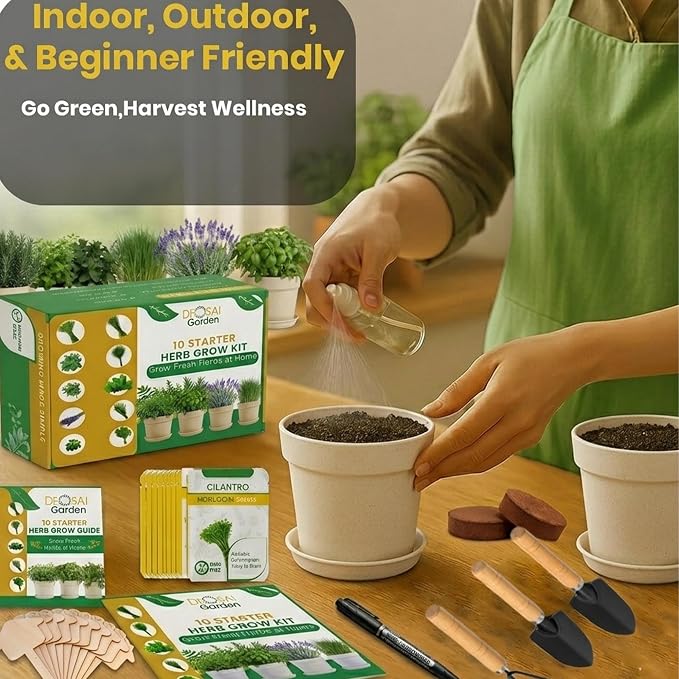 47 PCS Herb Garden Seeds Starter Kit, 10 Non-GMO Culinary Herb Seeds with Beige Pots & Planters for Windowsill, Herb Growing Kit Indoor & Outdoor, Unique Herb Garden Gift Set for Gardening Lovers