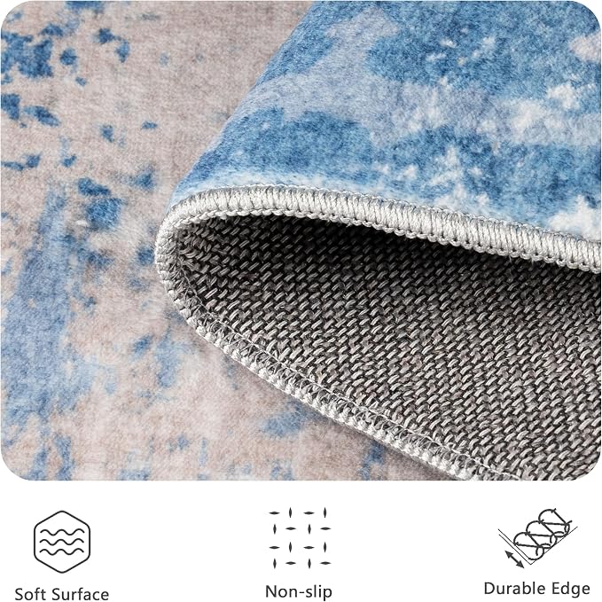 8x10 Rugs for Living Room - Modern Abstract Washable Rug, Ultra Soft Non Slip Low Pile Large Rugs, Floor Carpet for Bedroom Dining Room Office Laundry Nursery Home(Blue & Beige)