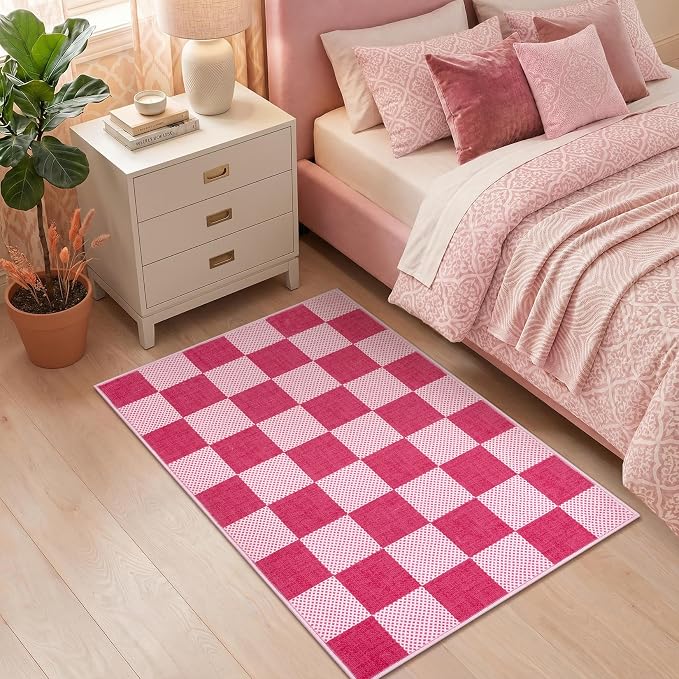 GarveeHome Checkered Hot Pink 2x3 Washable Girls Rug Low-Pile Room Door Mat | Hot Pink Soft Stain Resistant Boys Rug for Entryway Bedroom Bathroom Kitchen Non-Slip Geometric Modern Rug TPE Backing