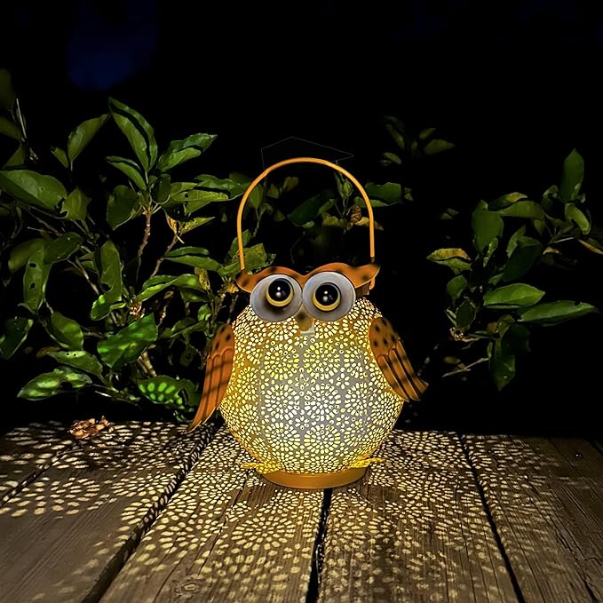 Solar Owl Lights Outdoor Waterproof - Hanging Solar Lanterns for Garden, Patio, Yard, Pathway - Vintage Metal Owl Solar Garden Lights, Outdoor Hanging Solar Lights for Outside Decor (1 Pack, Yellow)