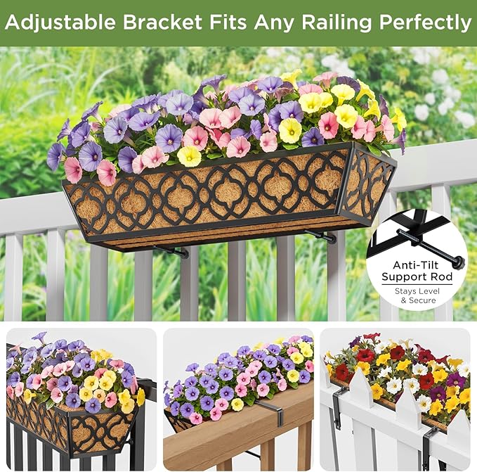 Y&M Window Boxes Horse Trough with Coconut Coir Liner, 24 Inch Window Deck with Coco Liner, Fence Metal Hanging Flower Planter Window Basket Deck Railing Planter Boxes (Flower 24in 2P)