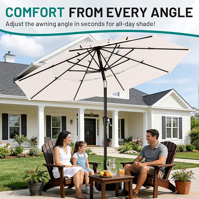 AreShark 9ft 3-Tier Patio Umbrellas, Outdoor Umbrella with 8 Sturdy Ribs UV Protection Windproof, Market Table Umbrella w/Push Button Tilt & Crank for Pool, Porch, Deck, Garden(Cream White)
