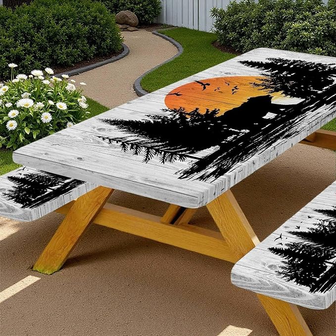 Picnic Table Cover with Bench Covers Wooden Forest Cabin Camping Essentials Waterproof Windproof Camping Tablecloth with Drawstring Bag, Fitted Rectangle Tables and Seats White，60" x 30" inch