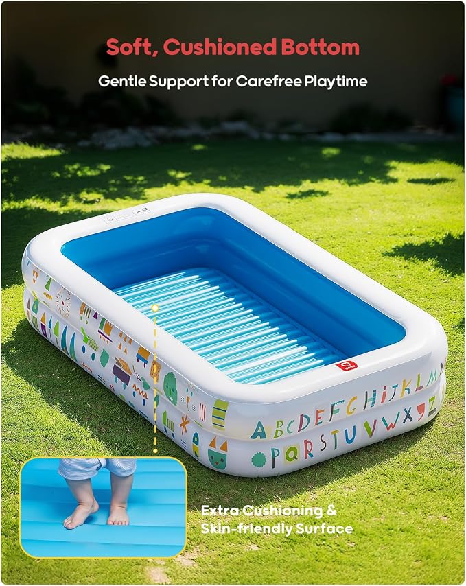 QPAU Kiddie Pool, Alphabet and Number Design, 65 x 39 in, Blue | Inflatable Design with Soft Floor, Converts to a Ball Pit for Kids and Toddlers, for Indoor and Backyard Play