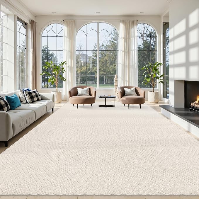9x12 Living Room Area Rug, Beige Soft Geometric Fluffy Bedroom Mat | Washable Modern Indoor Floor Mat, Non Slip Shaggy Boho Accent Throw Carpet for Office, Dorm, Nursery and Dining Room