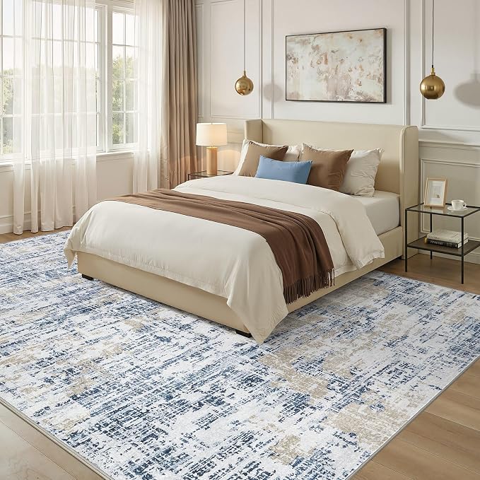 Nakagishi 8X10 Abstract Washable Area Rugs for Living Room-Blue Golden | Modern Non-Slip Silicone Backing Low Pile Soft Carpet for Bedroom Dining Decor Ideal for Families with Kids and Pets